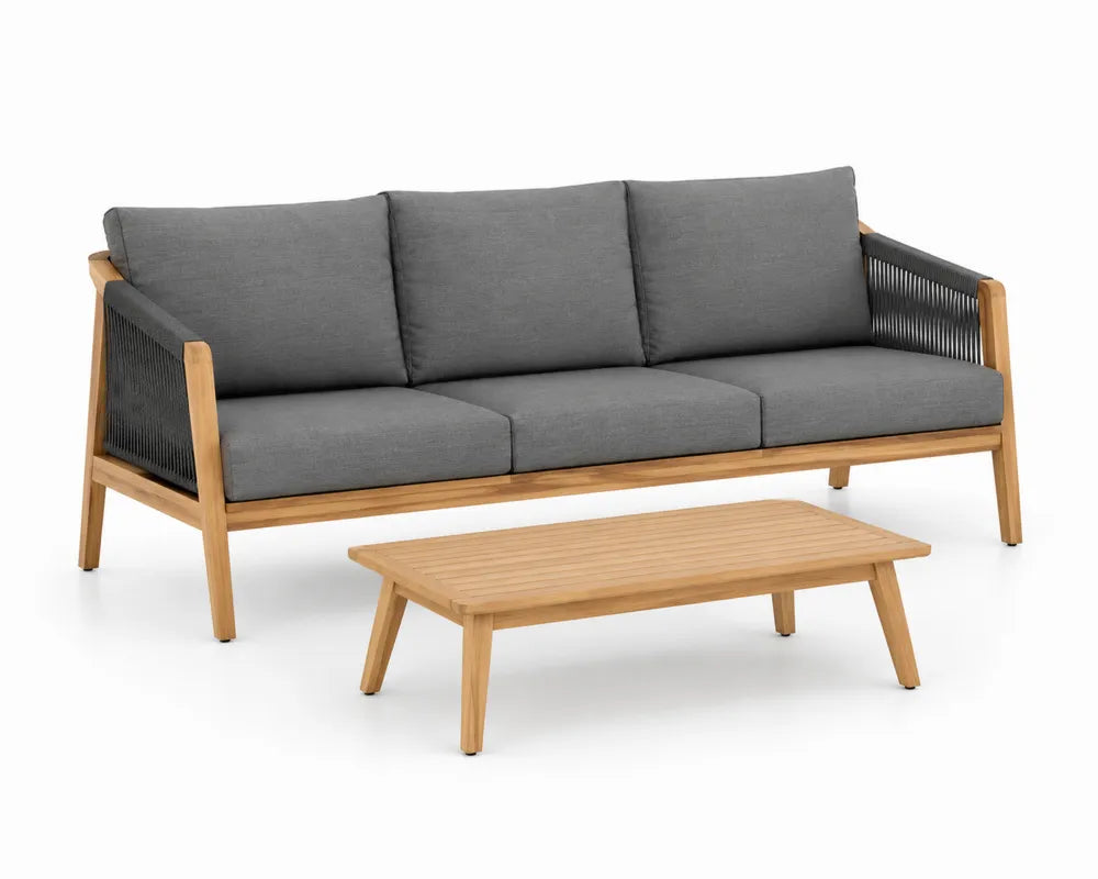 Gartensofa-Set aus Teakholz und Seilgeflecht, Grau