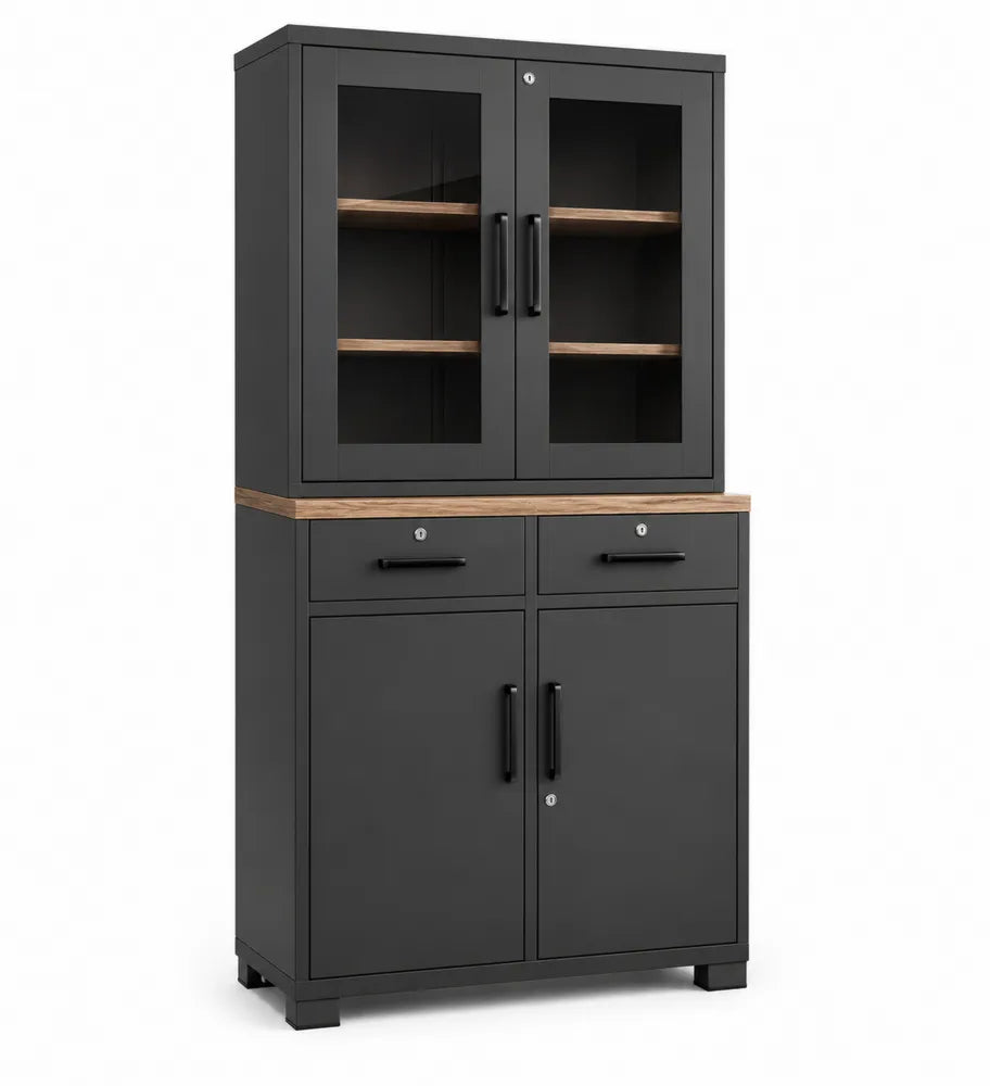 Metallschrank mit Glastüren und Holzdetails, 180x90x40cm, Schwarz/Holzoptik