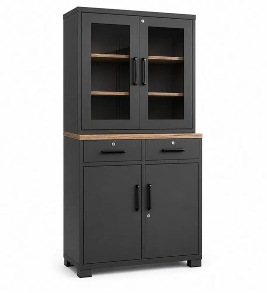 Metallschrank mit Glastüren und Holzdetails, 180x90x40cm, Schwarz/Holzoptik
