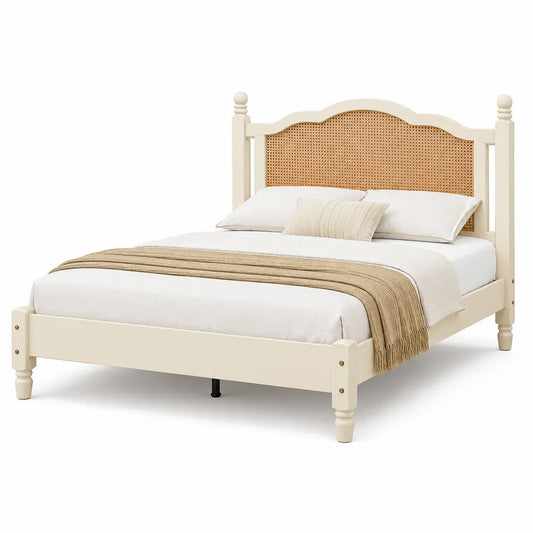 Doppelbett Creme Holzrahmen mit Rattan-Kopfteil 200x160 cm