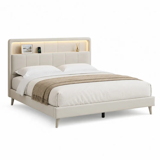 Polsterbett aus Kunstleder mit LED-Beleuchtung Beige 200x140 cm