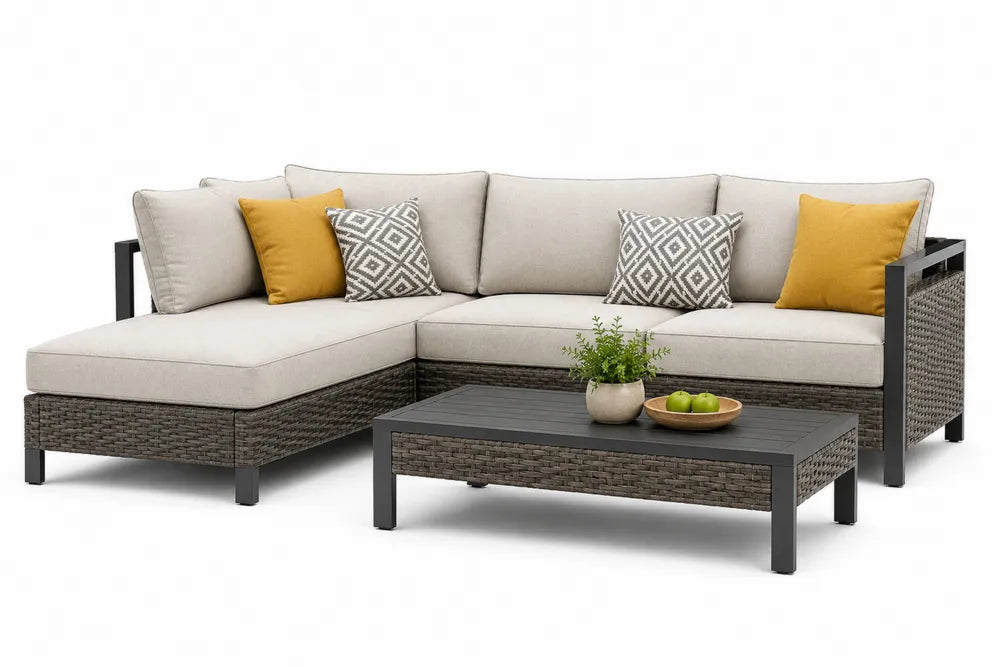 Outdoor Ecksofa Set mit Couchtisch Aluminium Rattan Beige Grau