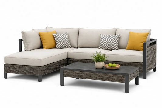 Outdoor Ecksofa Set mit Couchtisch Aluminium Rattan Beige Grau