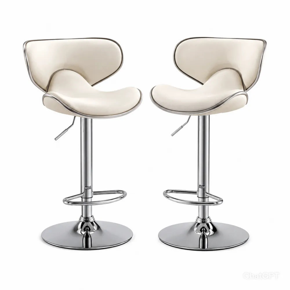 2er Set Barhocker aus Kunstleder in Creme, höhenverstellbar mit Chromgestell
