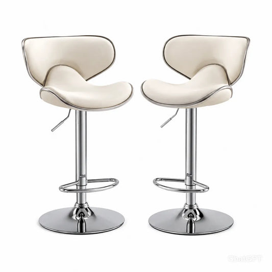2er Set Barhocker aus Kunstleder in Creme, höhenverstellbar mit Chromgestell