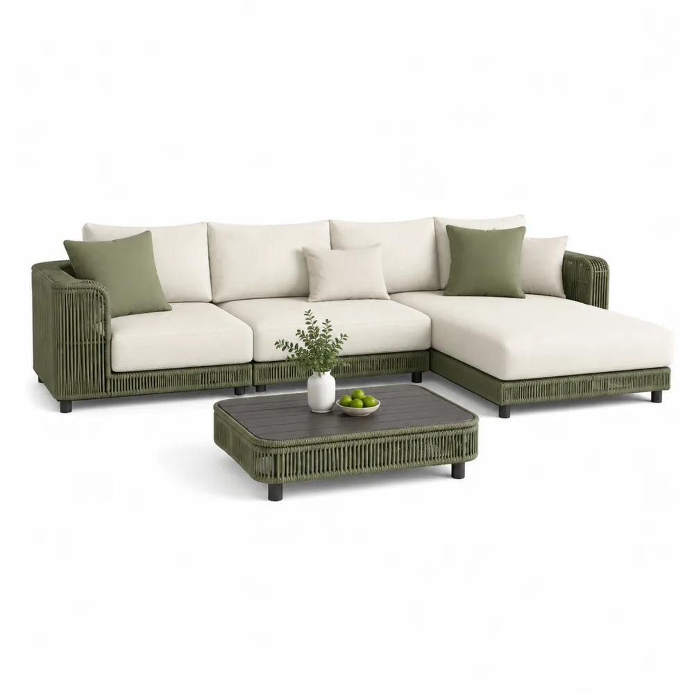 L-förmiges Rattan-Gartensofa-Set mit Tisch und Kissen