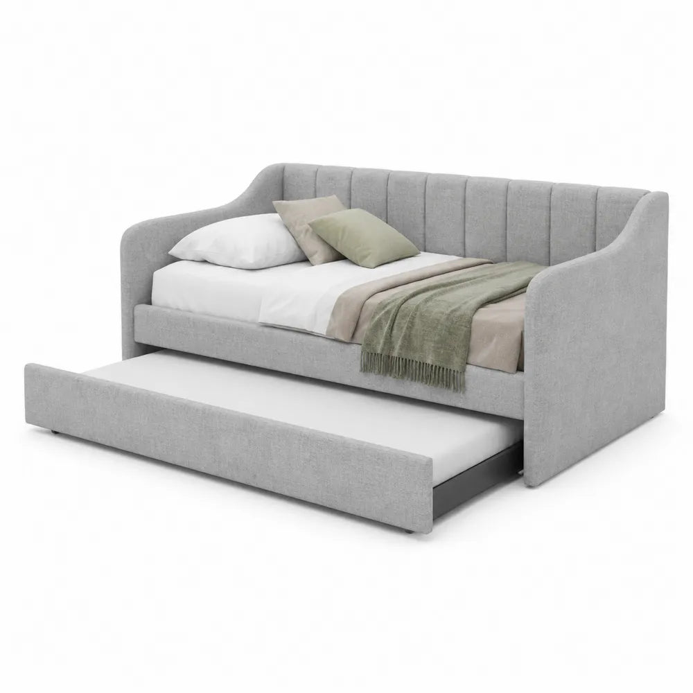 Tagesbett mit ausziehbarem Bett aus Stoff, Grau, 200 x 90 cm