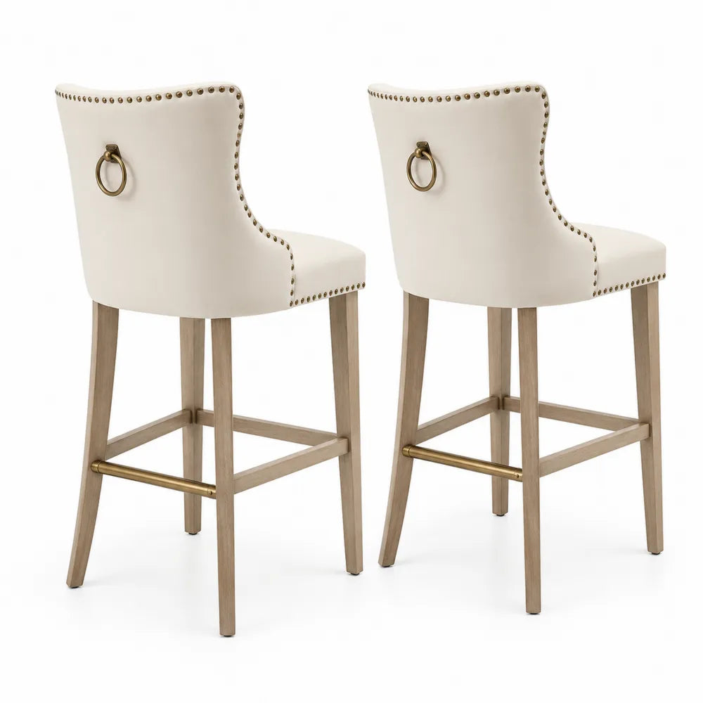 2er-Set Barhocker aus Holz mit Kunstleder und Messingakzenten in Creme