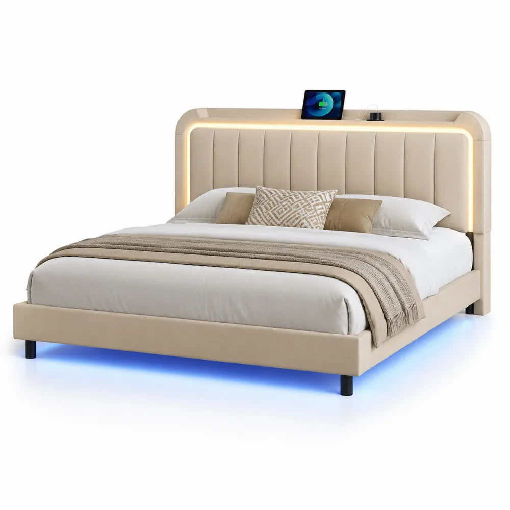 Polsterbett aus Kunstleder mit LED-Beleuchtung und USB Creme 200x160 cm