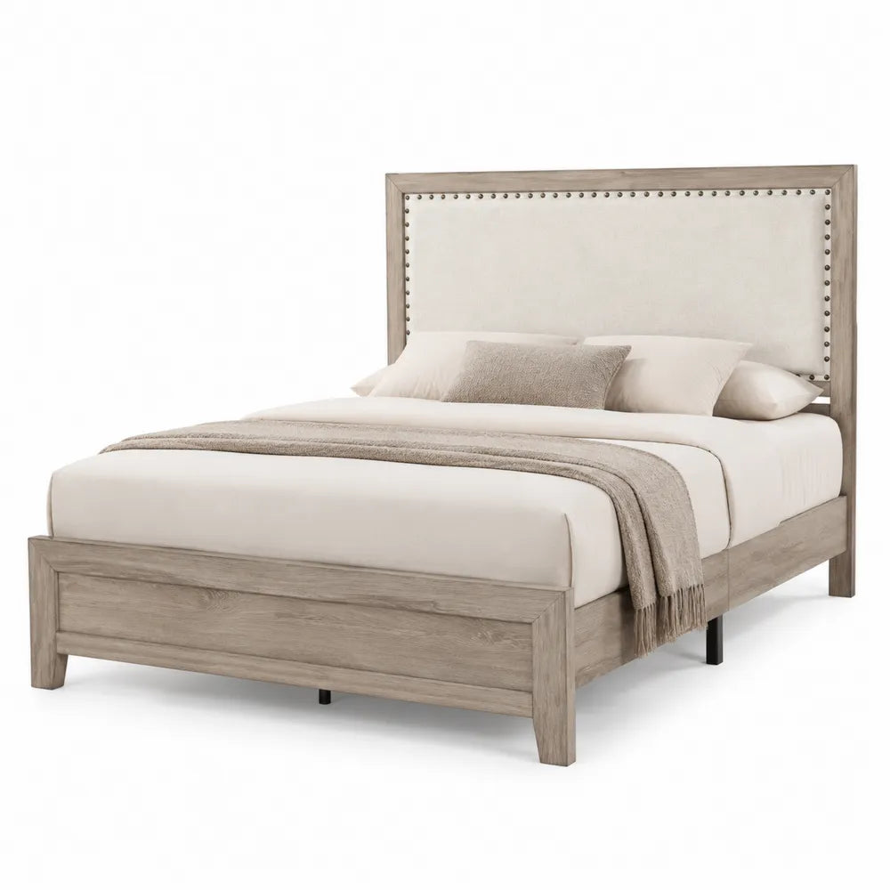Massivholzbett mit Stoffkopfteil Naturholz Beige 200x160 cm