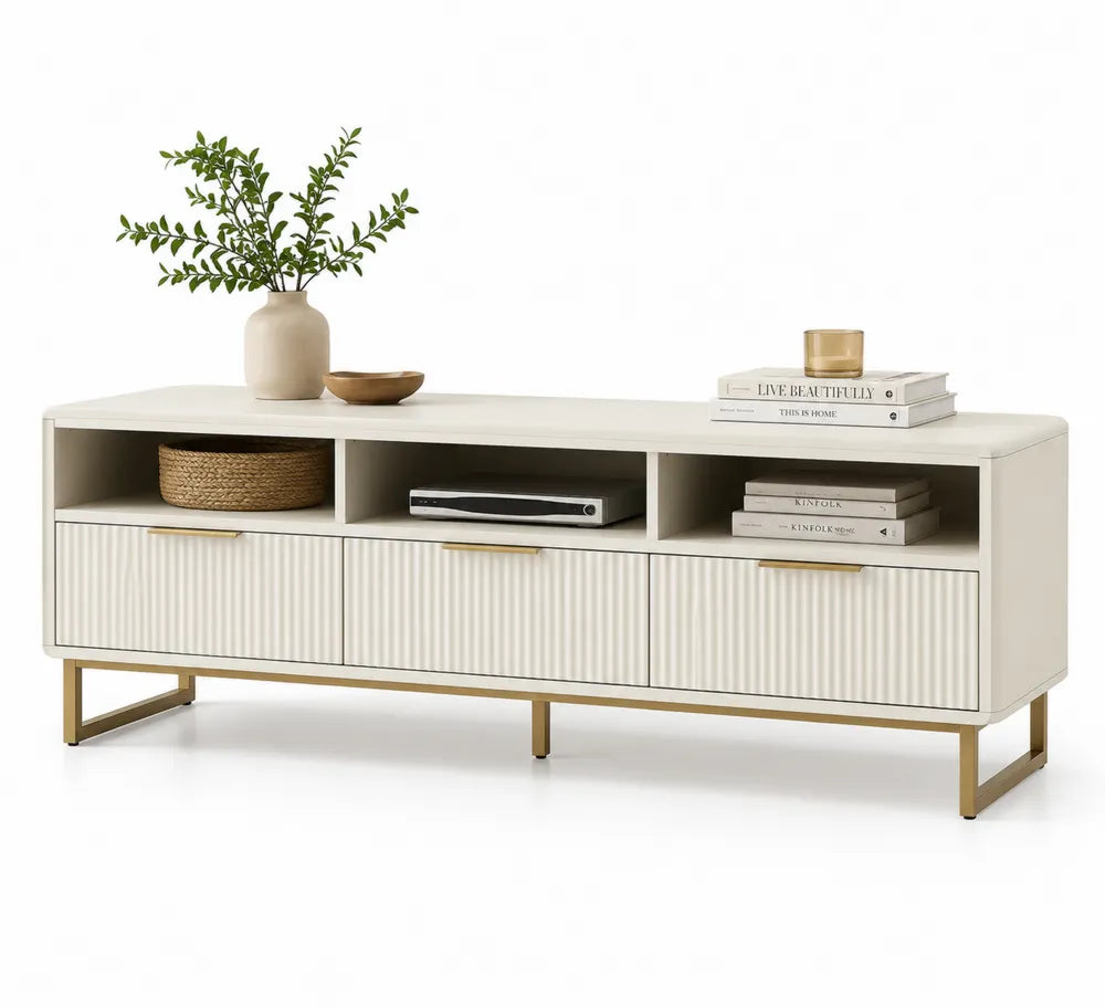 TV-Lowboard Holz Beige mit 3 Schubladen und Metallbeinen